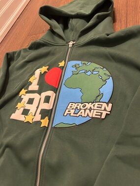 Broken Planet Dark Green Graphic Zip Hoodie